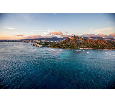 Aerial image of Diamond Head at sunset in Hawaii