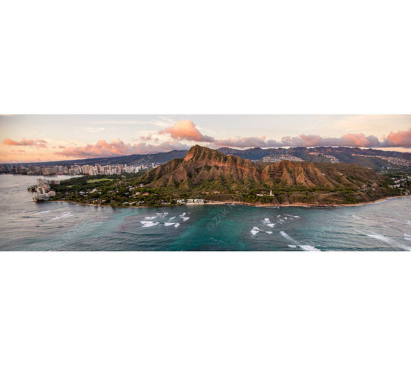 Aerial panoramic image of Diamond Head at dusk